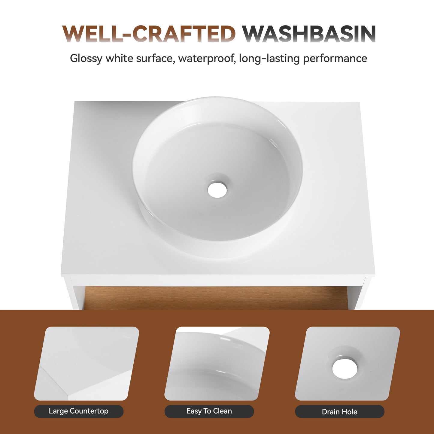 30" Wall-Mounted Bathroom Vanity with Glossy White Vessel Sink