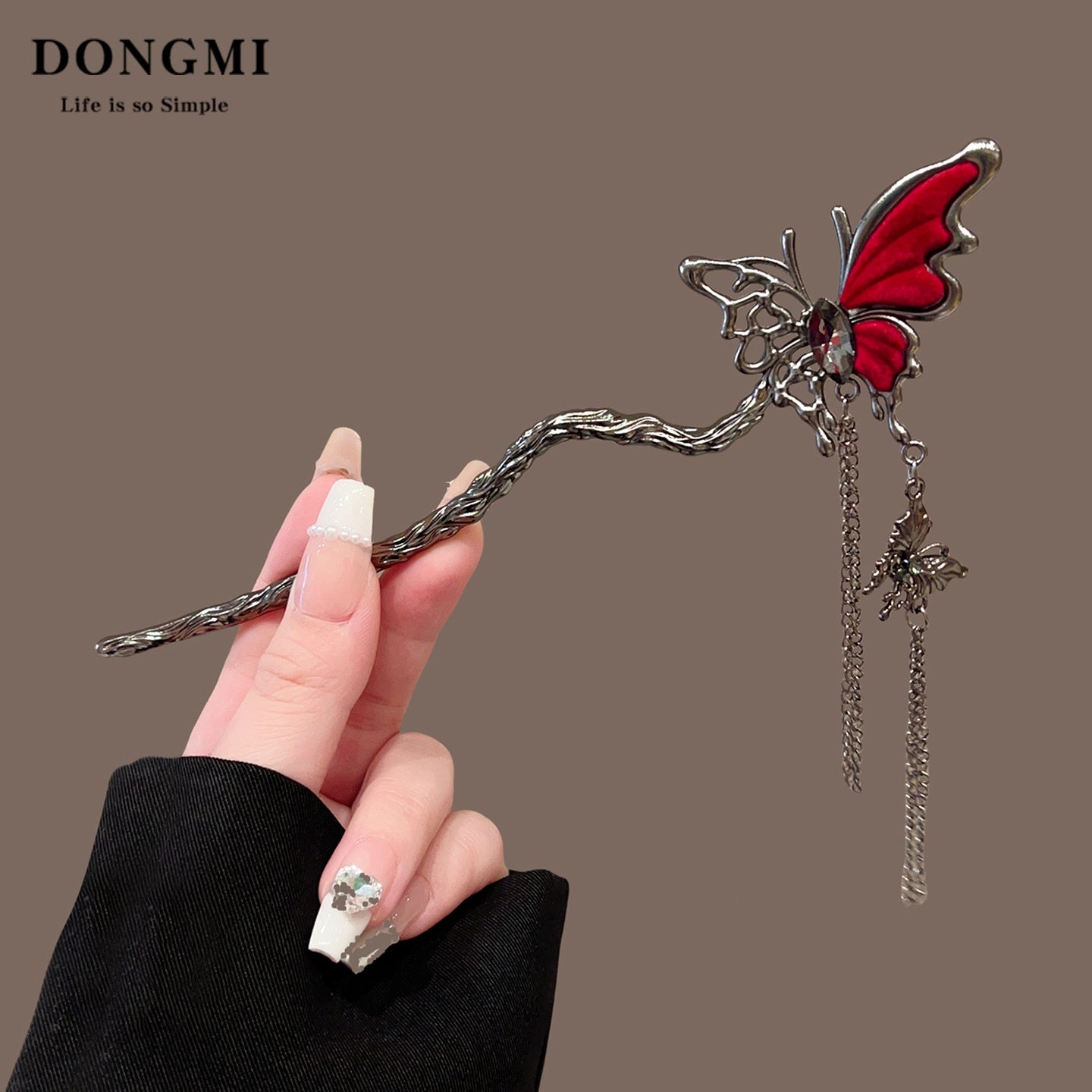 Vintage Floral Hair Stick with Red Flowers and Gold Leaves - Women’s Hair Accessory