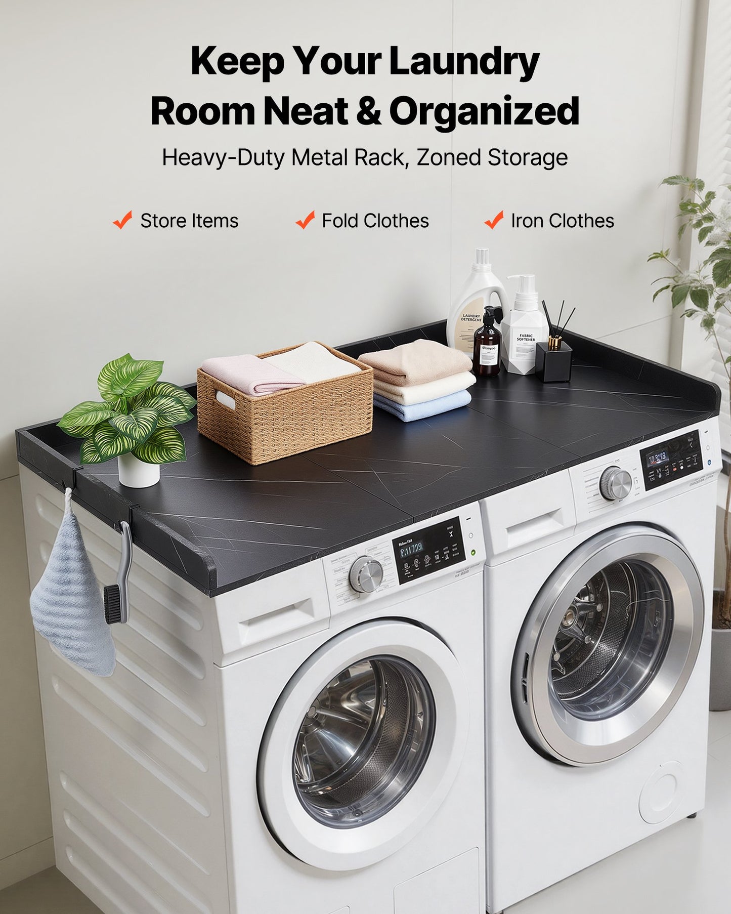 Marble Countertop for Washer and Dryer - 54 x 27.5 Inch Laundry Surface with Edges & Hooks, Water-Resistant Laundry Topper for Laundry Room Organization