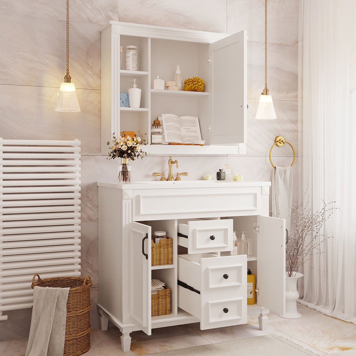 36'' Modern Bathroom Vanity with Sink & Mirror Cabinet - White