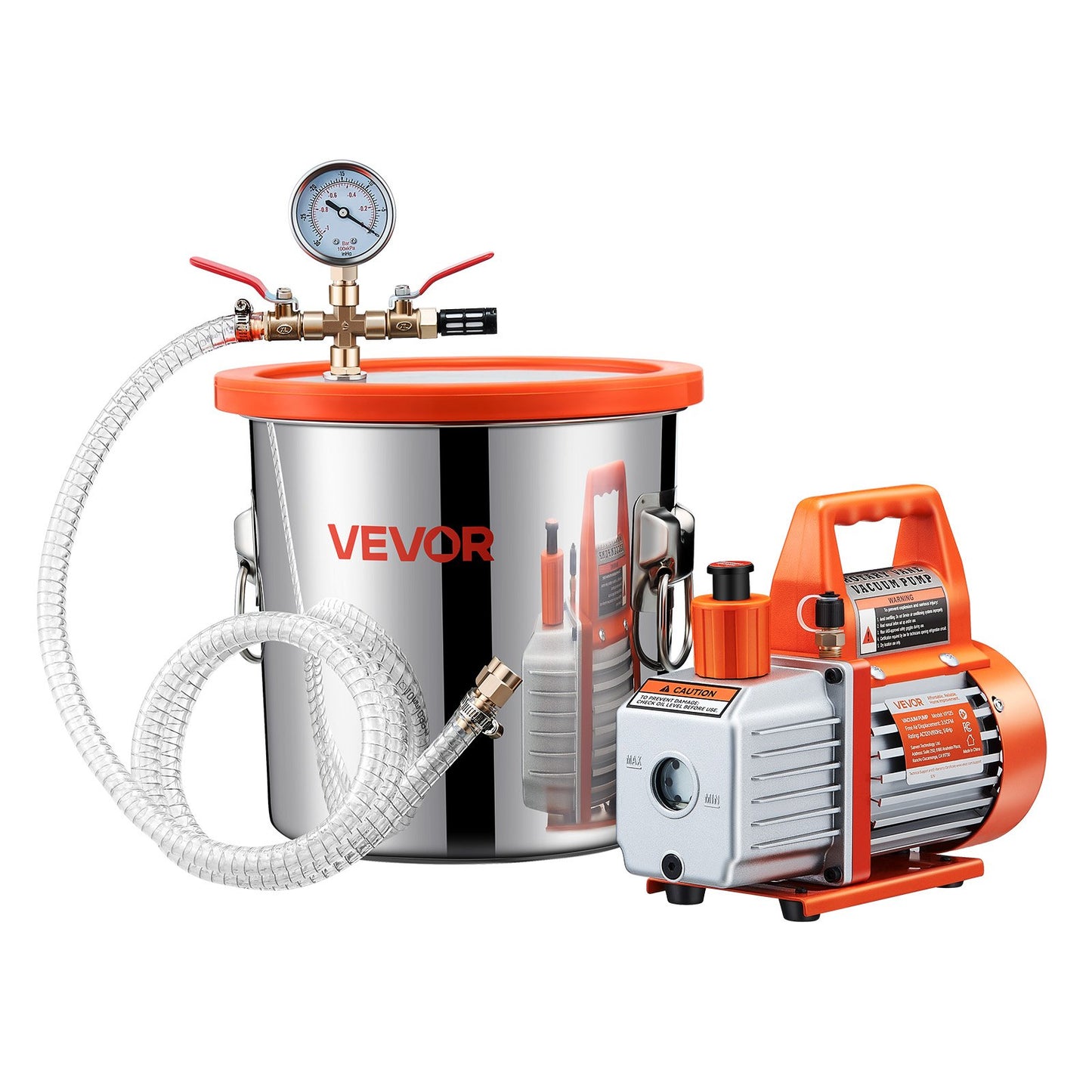 3.5 CFM Single Stage Vacuum Pump with 3-Gallon Stainless Steel Chamber Kit - Orange