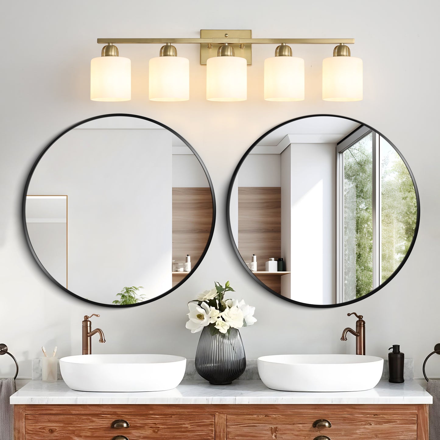 5-Light Modern Bathroom Vanity Light Fixture - Gold with Frosted Glass Shades