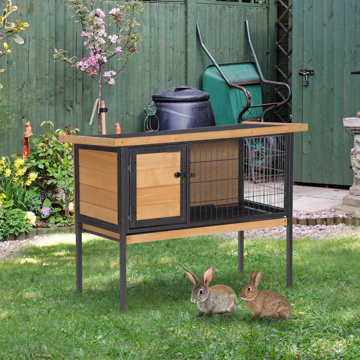 Elevated Wooden Rabbit Hutch with Metal Frame & Weatherproof Roof for Small Animals