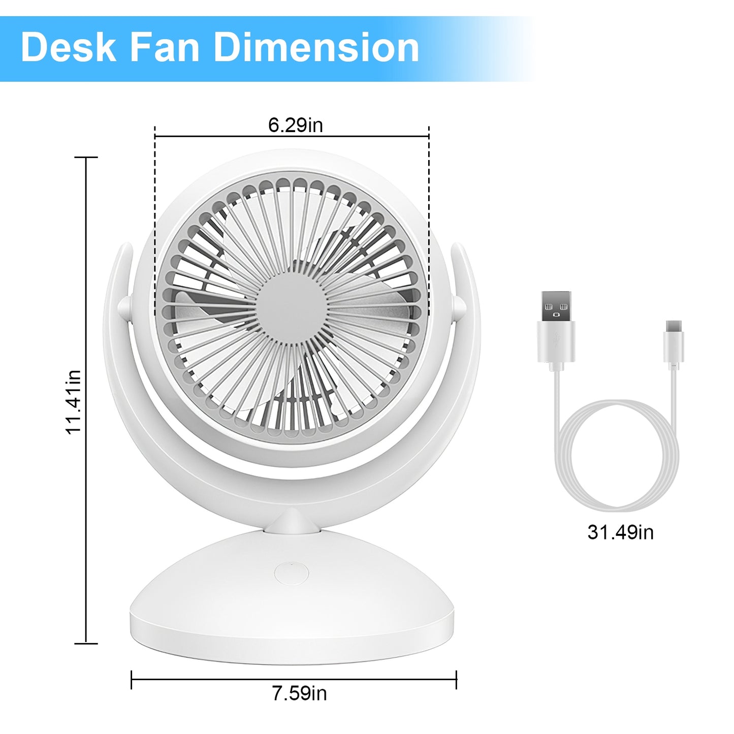 Portable Rechargeable Desk Fan with 4 Speeds & 360° Tilt - White