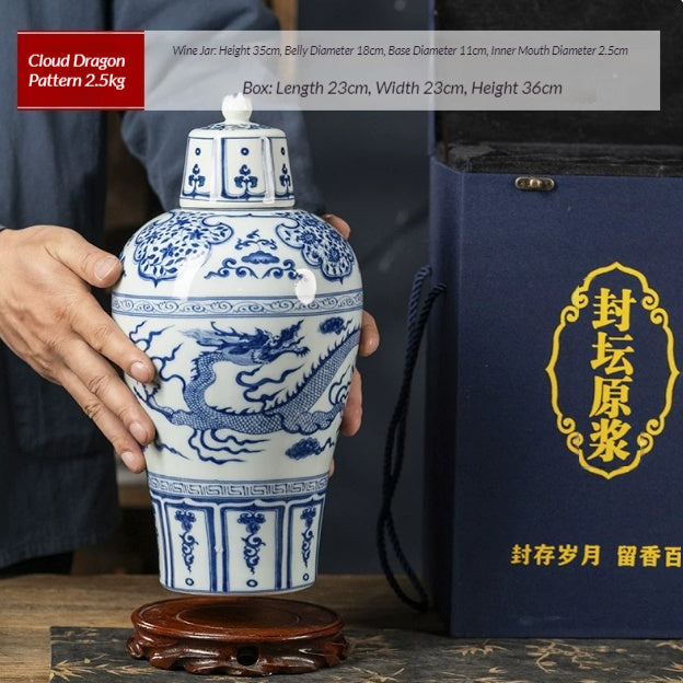 Blue and White Porcelain Baijiu Storage Jar with Double Seal Lid - 2.5kg/5kg Options