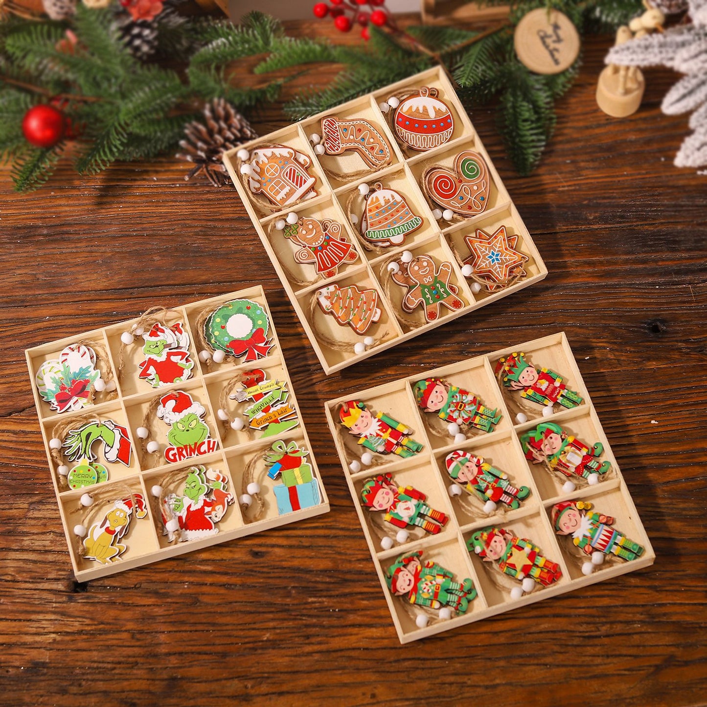 Christmas Wooden Pendant Doll Decorations Set - 18PCS Holiday Decor