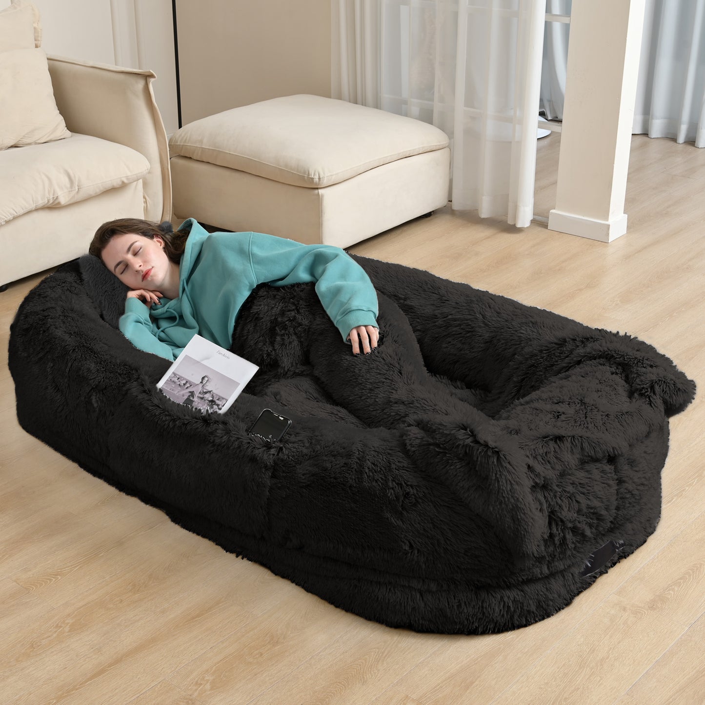 Oversized Human & Pet Dog Bed with Orthopedic Support - 71 x 45 Inch Faux Fur Lounger, Washable Cover, Pillow & Blanket Included