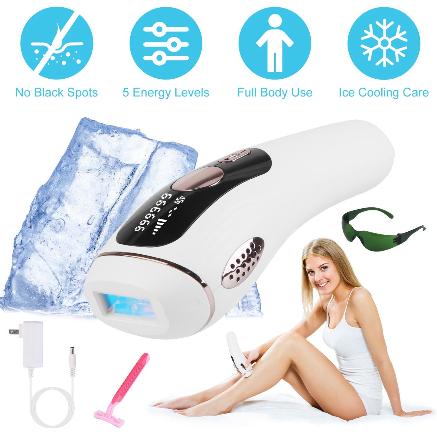 Laser Hair Removal Device for Home Use - Painless IPL with 999,999 Flashes, Ice Cooling for Women & Men