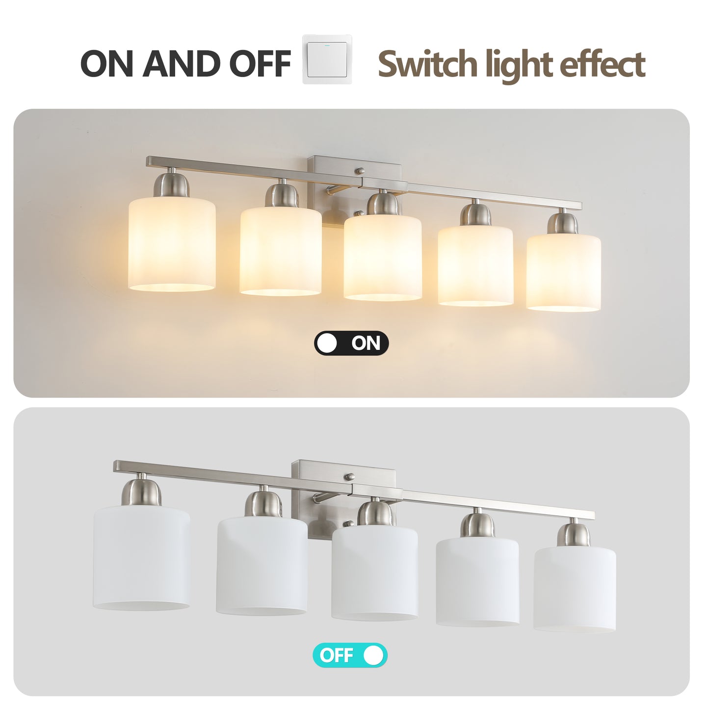 5-Light Brushed Nickel Bathroom Vanity Light Fixture - Modern Design with Milky White Glass Shades