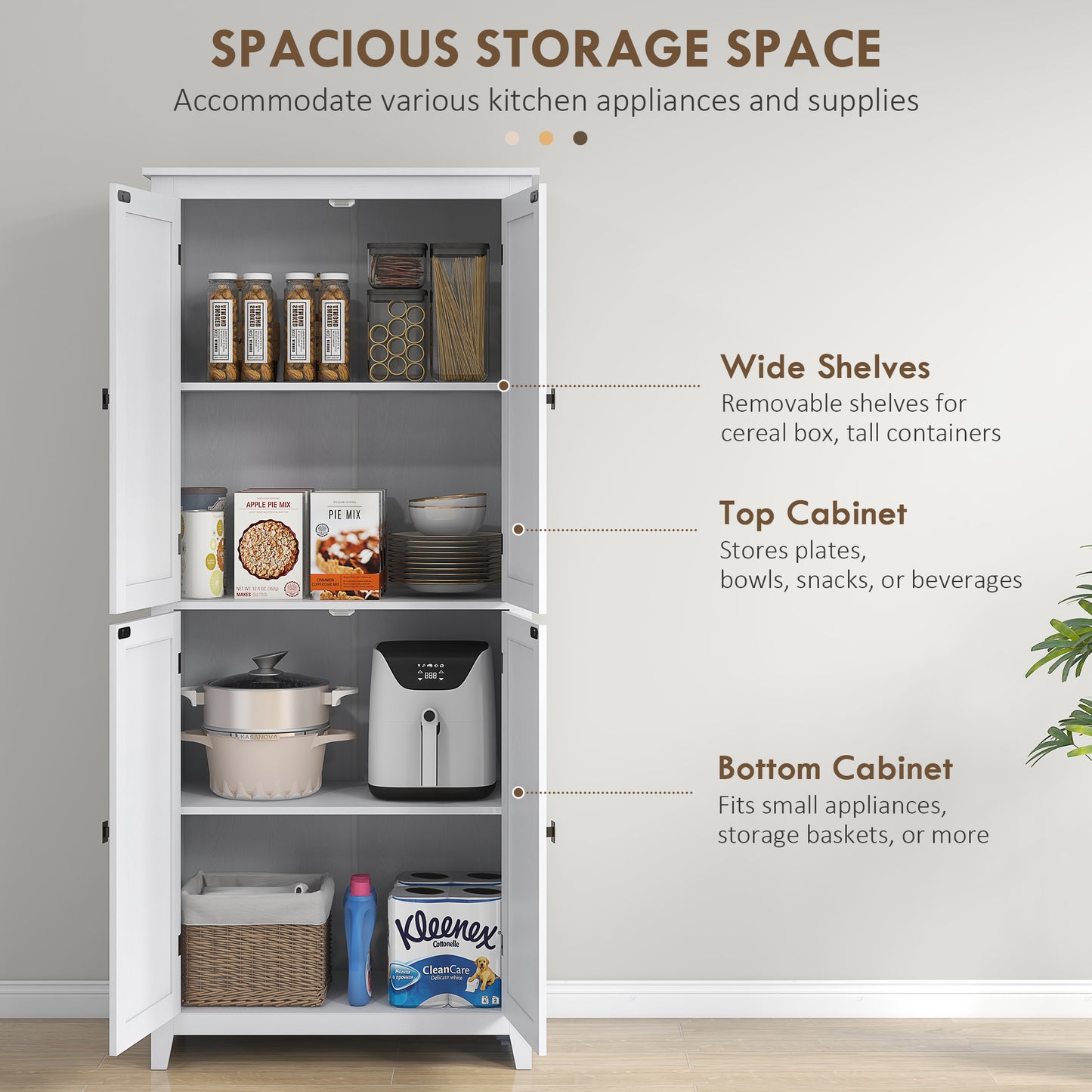 72" Tall Kitchen Pantry Cabinet - Farmhouse Storage with 4 Doors, White