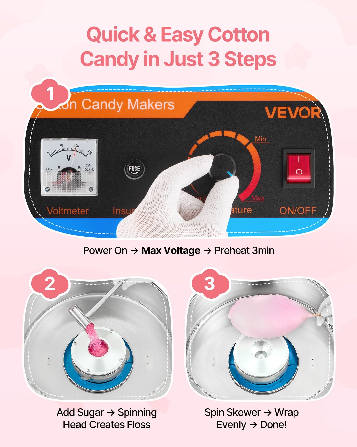 Electric Cotton Candy Machine 1000W with Cover & Stainless Steel Bowl - Blue