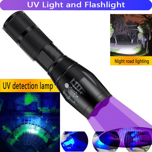 2-in-1 UV LED Flashlight with White Light Zoomable Detection Lamp