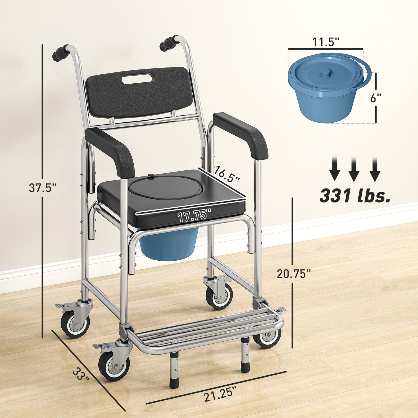 3-in-1 Shower Commode Wheelchair - Black Medical Rolling Chair