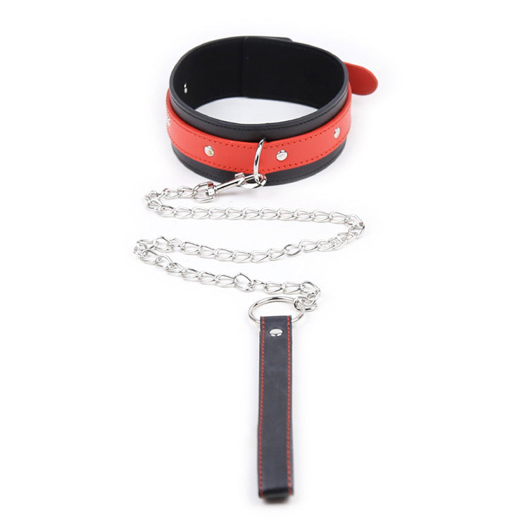 Pet Collar with Drag Chain - Leather Black and Red Lock for Male and Female
