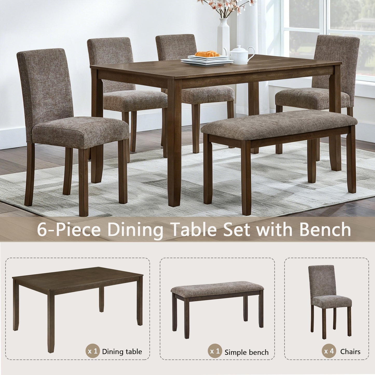 6-Person Wooden Dining Table Set with Bench - Walnut