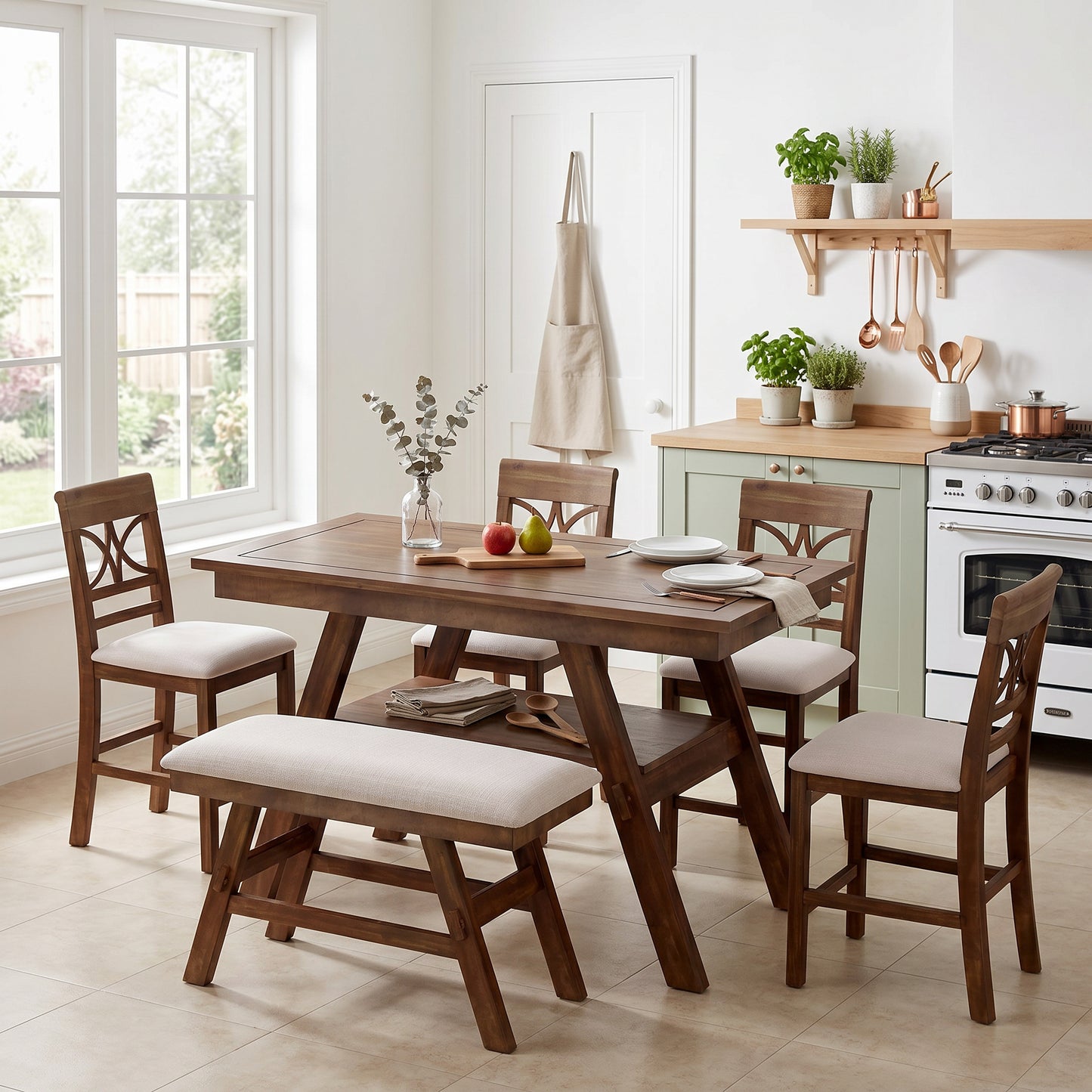 Counter Height Dining Table Set with Storage Shelf - 6 Pieces, Walnut