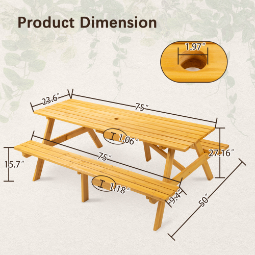 8-Person Brown Wooden Picnic Table with Benches - 2220lb Capacity