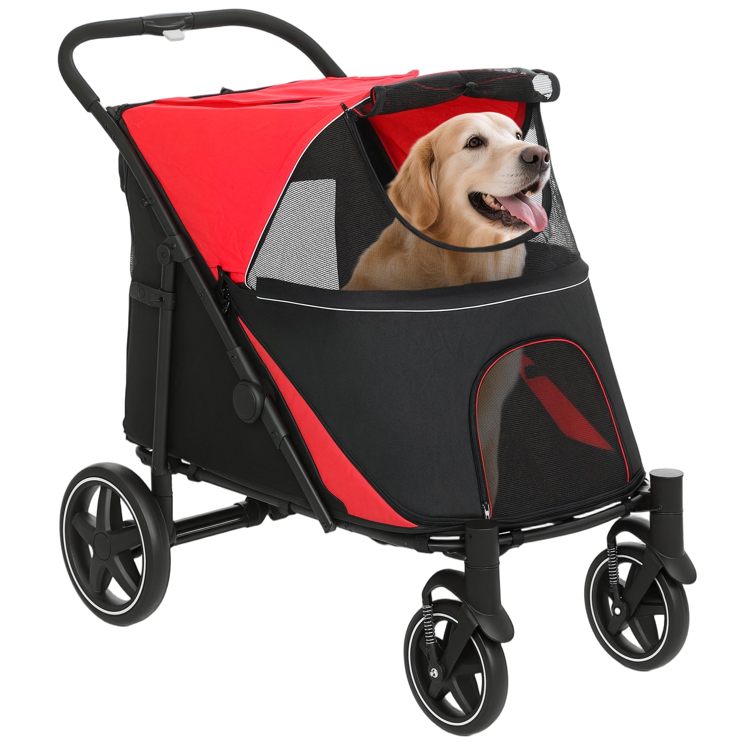 Large Dog Stroller Foldable Pet Carrier with Mesh Windows & Shock Absorption - Red