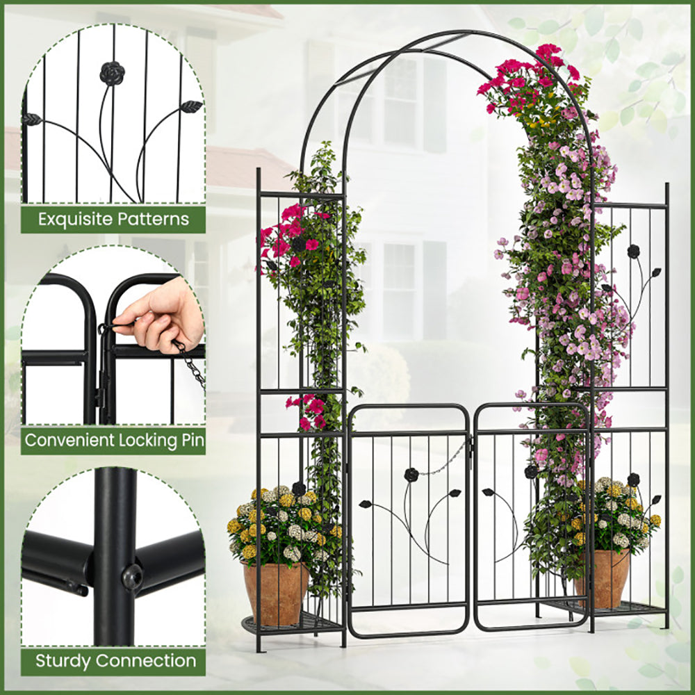 87 Inch Tall Garden Arch with Gate & Planter Shelves - Black