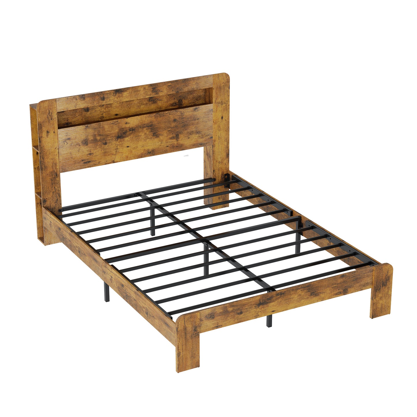 Queen Size Bed Frame with Storage & Charging Station - Rustic Brown