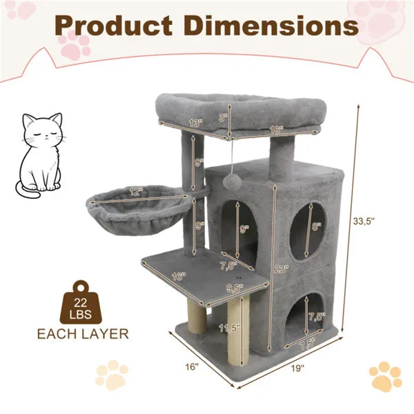 Multi-Level Cat Tree with Condo & Sisal Scratching Posts - Gray, 33.5 Inch