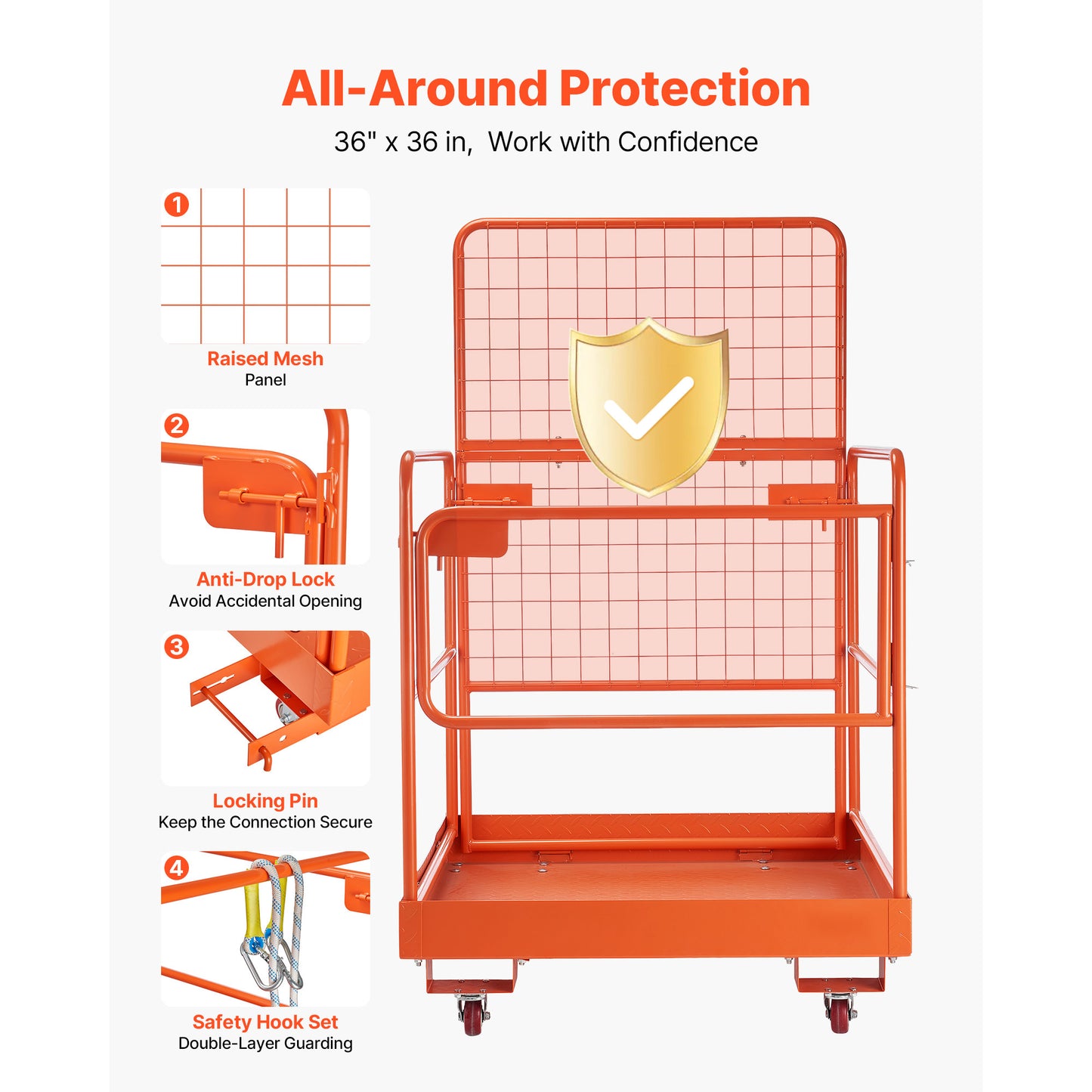 Forklift Safety Cage 36.2 x 41.1 Inch Heavy Duty Work Platform with 4 Wheels
