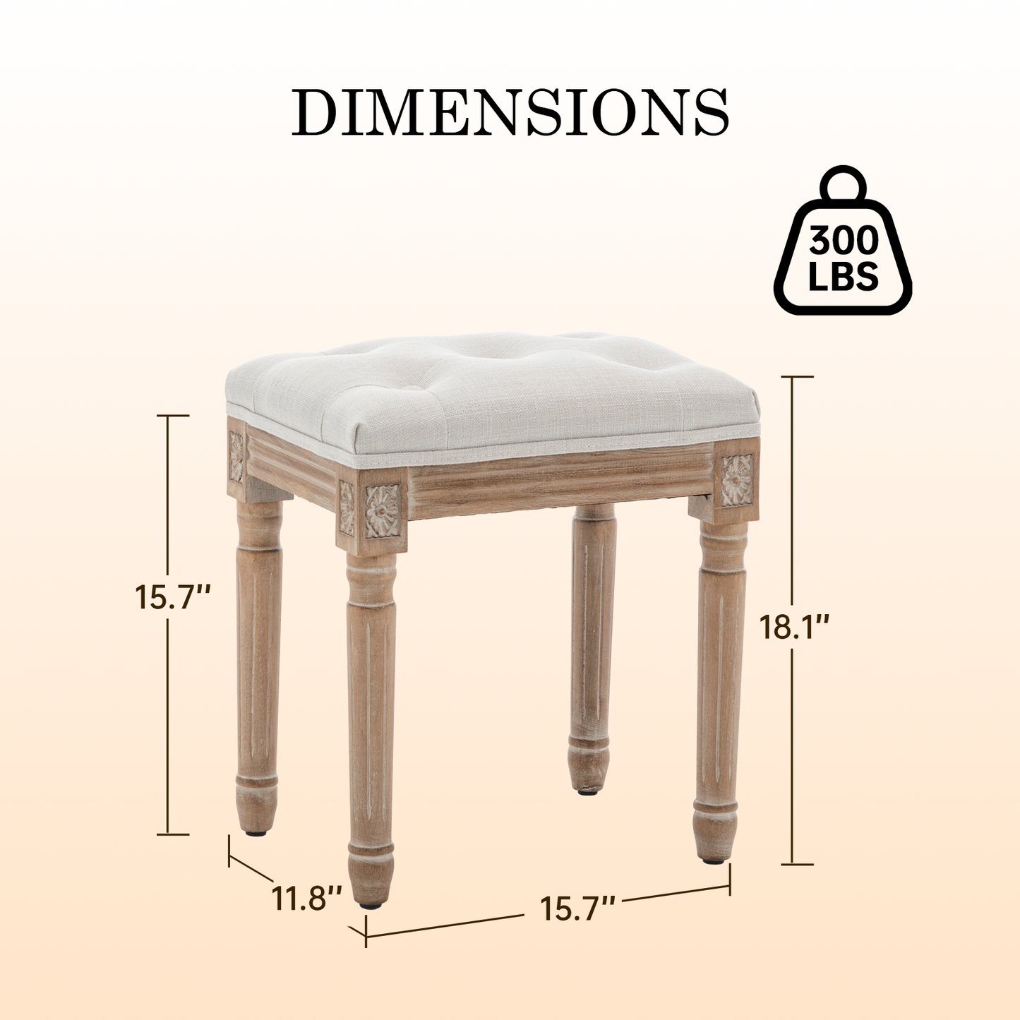 Tufted Vanity Stool with Linen Upholstery and Solid Wood Legs - Beige