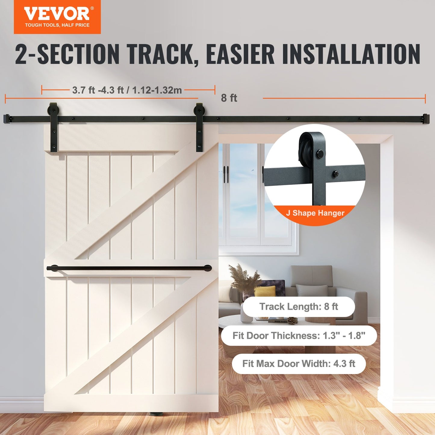 Heavy Duty 8FT Sliding Barn Door Hardware Kit for Single Door Black