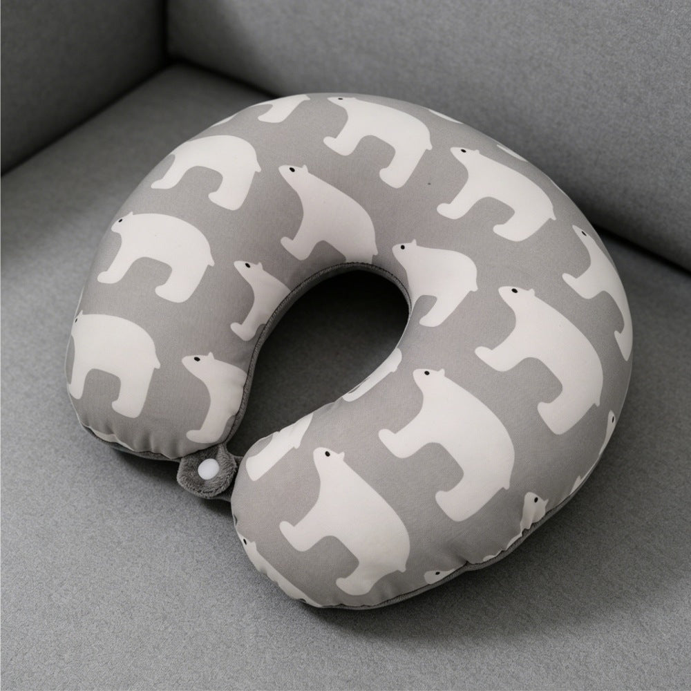Travel Neck Pillow with U-Shape Support and Polar Bear Design - Portable & Comfortable Grey