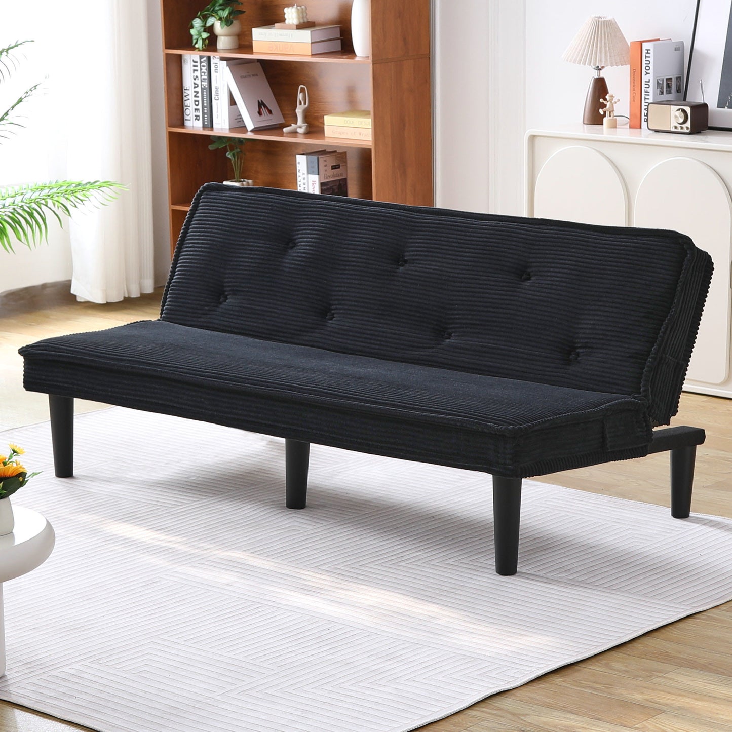 66-Inch Black Corduroy Sofa Bed - Versatile & Comfortable Design