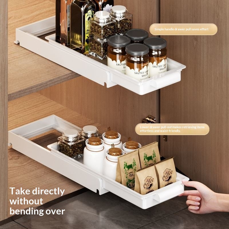 Built-in Drawer-Style Kitchen Dish and Spice Rack for Cabinets