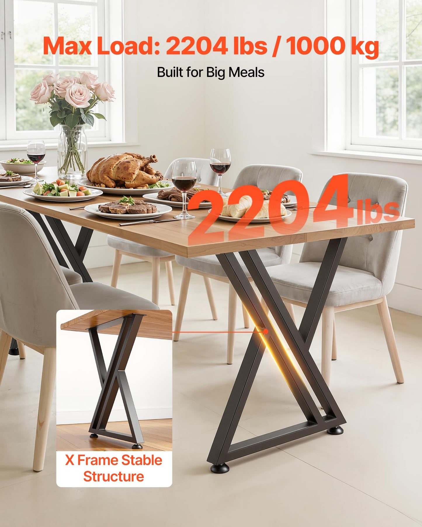 Heavy Duty Steel Table Legs 29.1" H x 24" W, Supports 2204 lbs, Black, Set of 2
