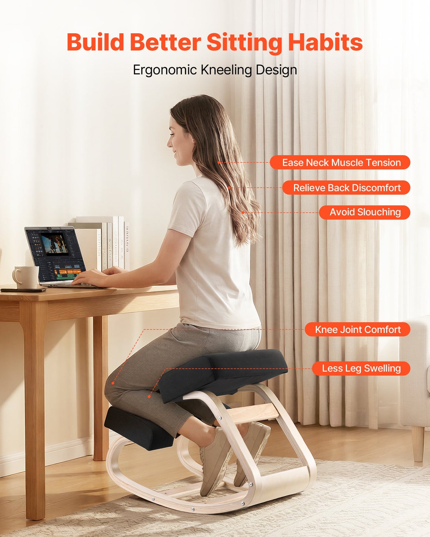 Ergonomic Kneeling Chair with Wooden Frame and Thick Foam Cushions - Adjustable Height for Posture Relief