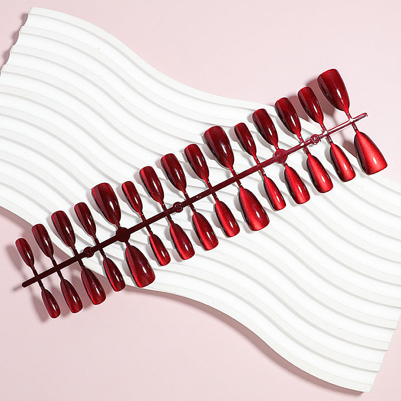 Cherry Red Cat Eye Nail Tips - Almond Shape, 30-Piece Nail Art Set