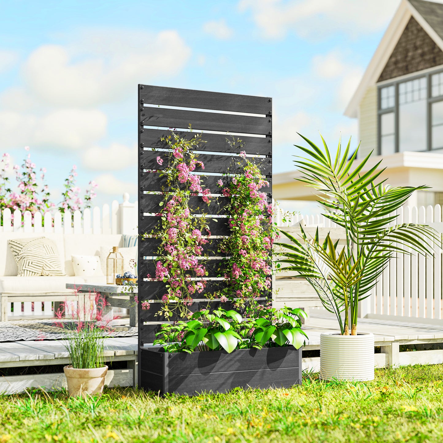 Raised Garden Bed with Trellis for Climbing Plants Outdoor Planter Box Black