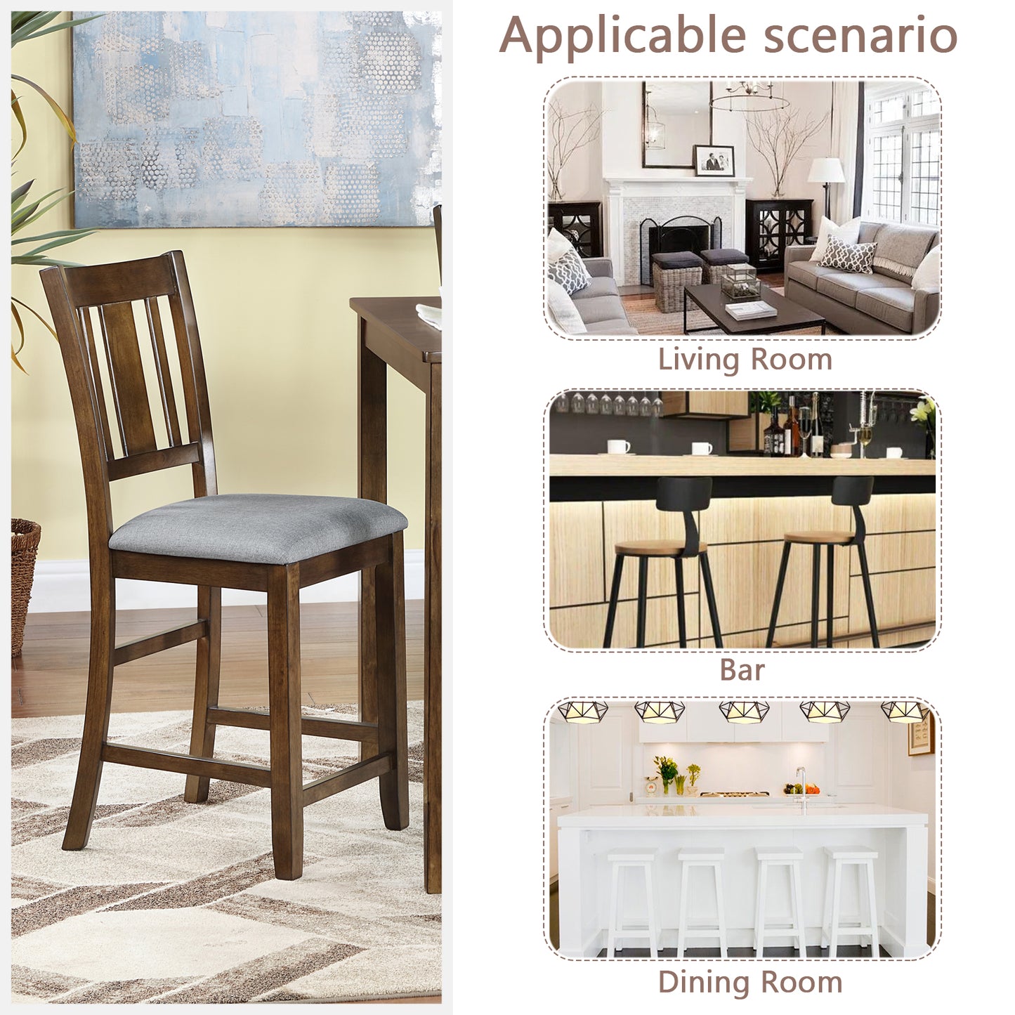 Walnut Wooden Counter Height Dining Chairs Set of 4 with Padded Seats