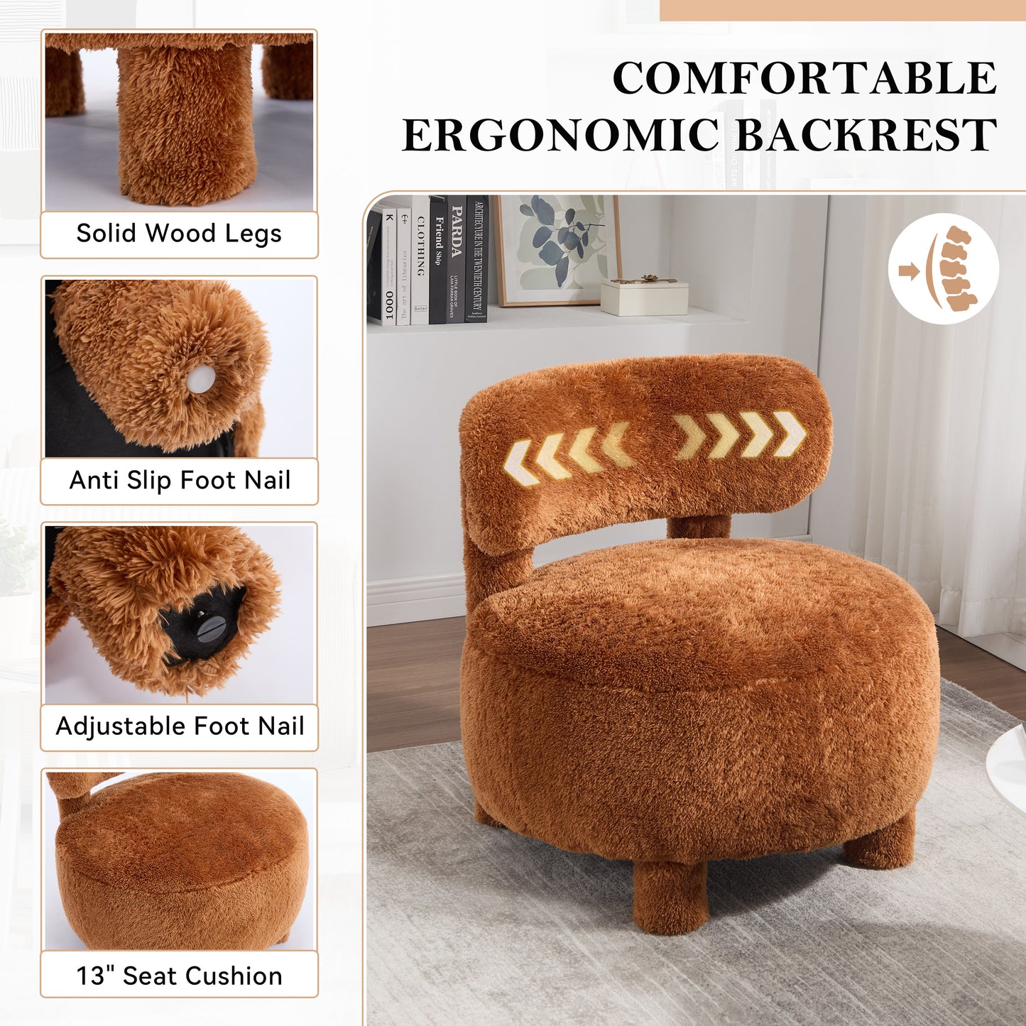 Curved Backrest Armless Accent Chair - Khaki Fur Upholstery