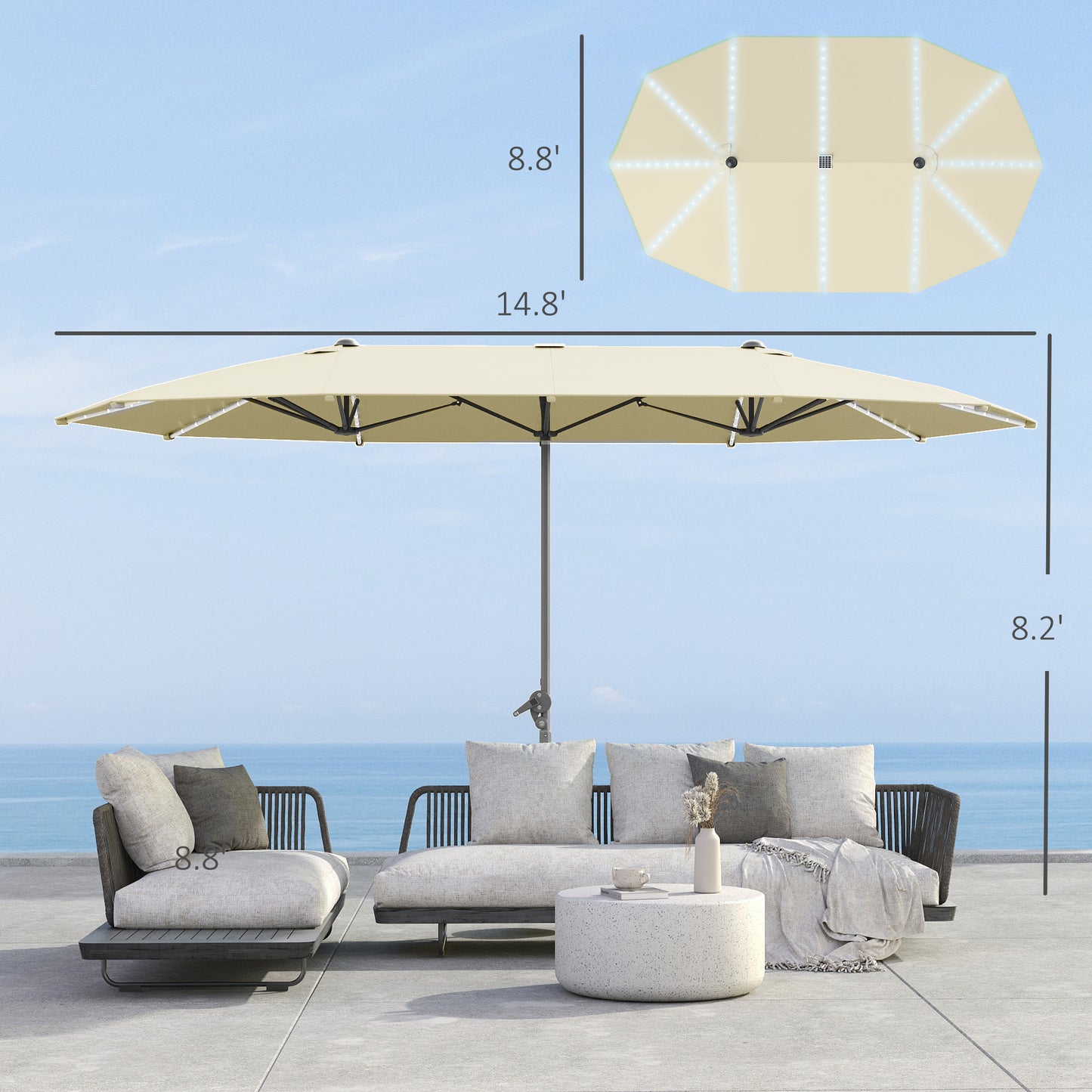 15ft Double-Sided Outdoor Umbrella with Solar Lights - Cream White