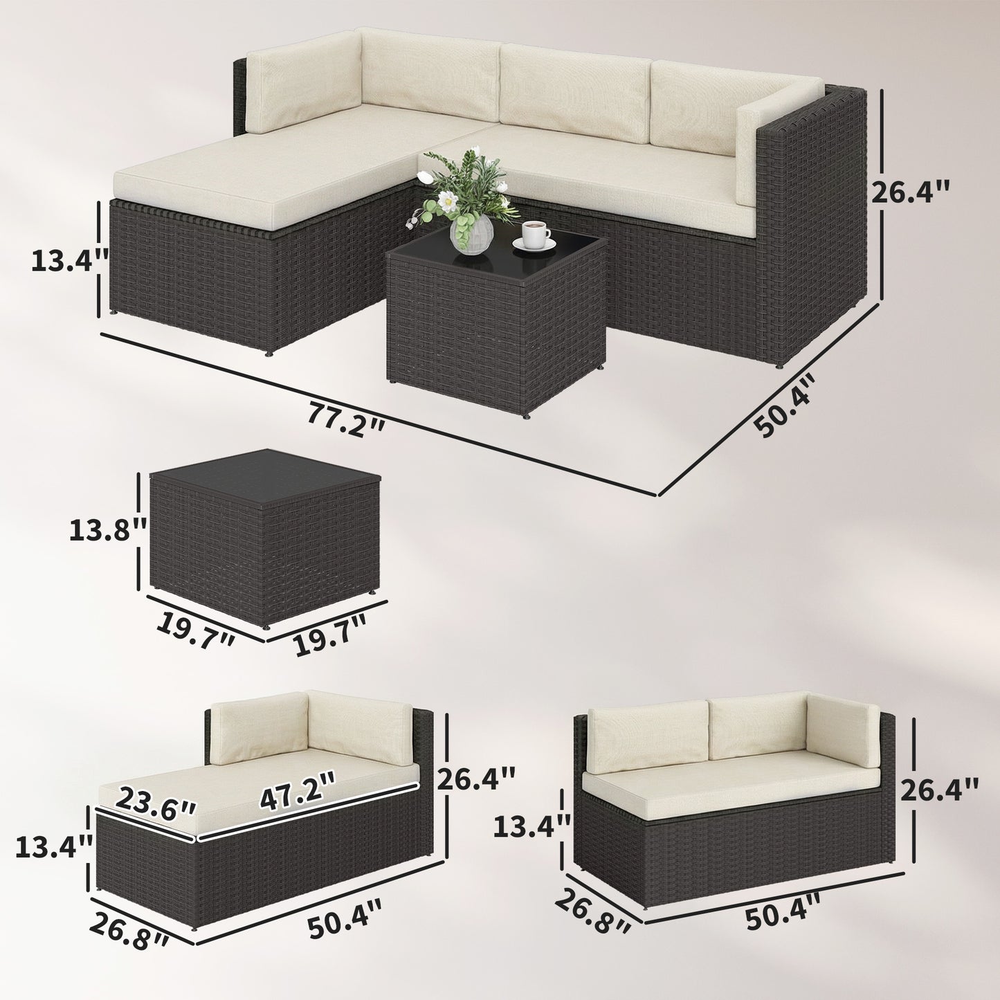 3-Piece Wicker Patio Furniture Set with Cushions & Glass Table - Beige