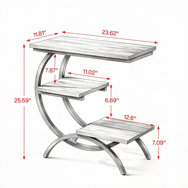 Chic C-Shape End Table with 3-Tier Storage - Rustic Brown