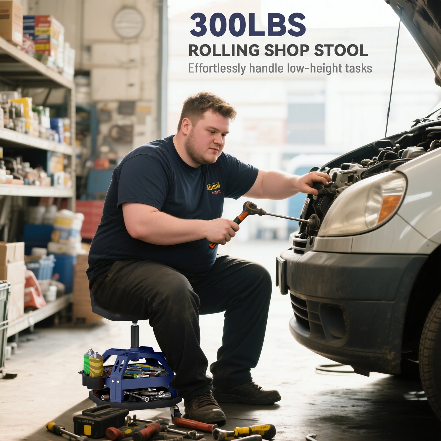 Garage Stool with Tool Tray and 360° Wheels - Adjustable Height, 300 LBS Capacity, Blue