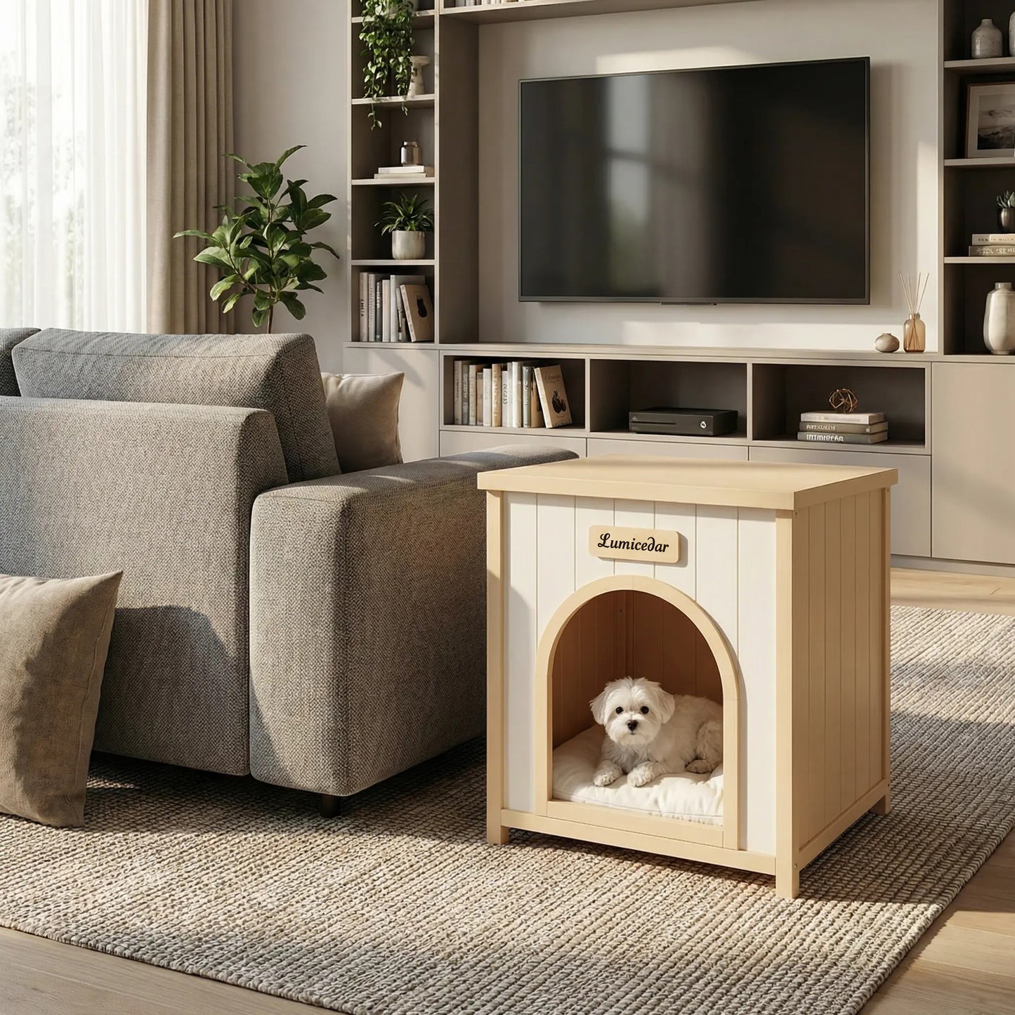 Indoor Wooden Dog House with Removable Cushion - Small Pet Shelter, Scandinavian Design