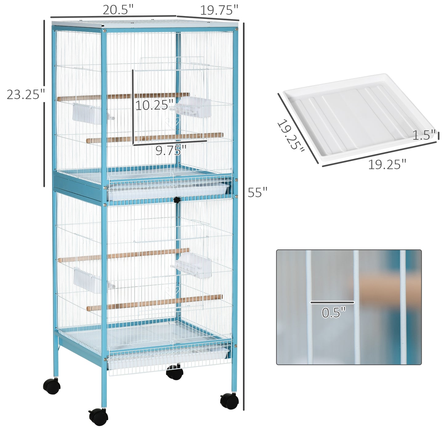 55-Inch 2-in-1 Bird Cage Aviary for Parakeets Finches with Wheels - Light Blue