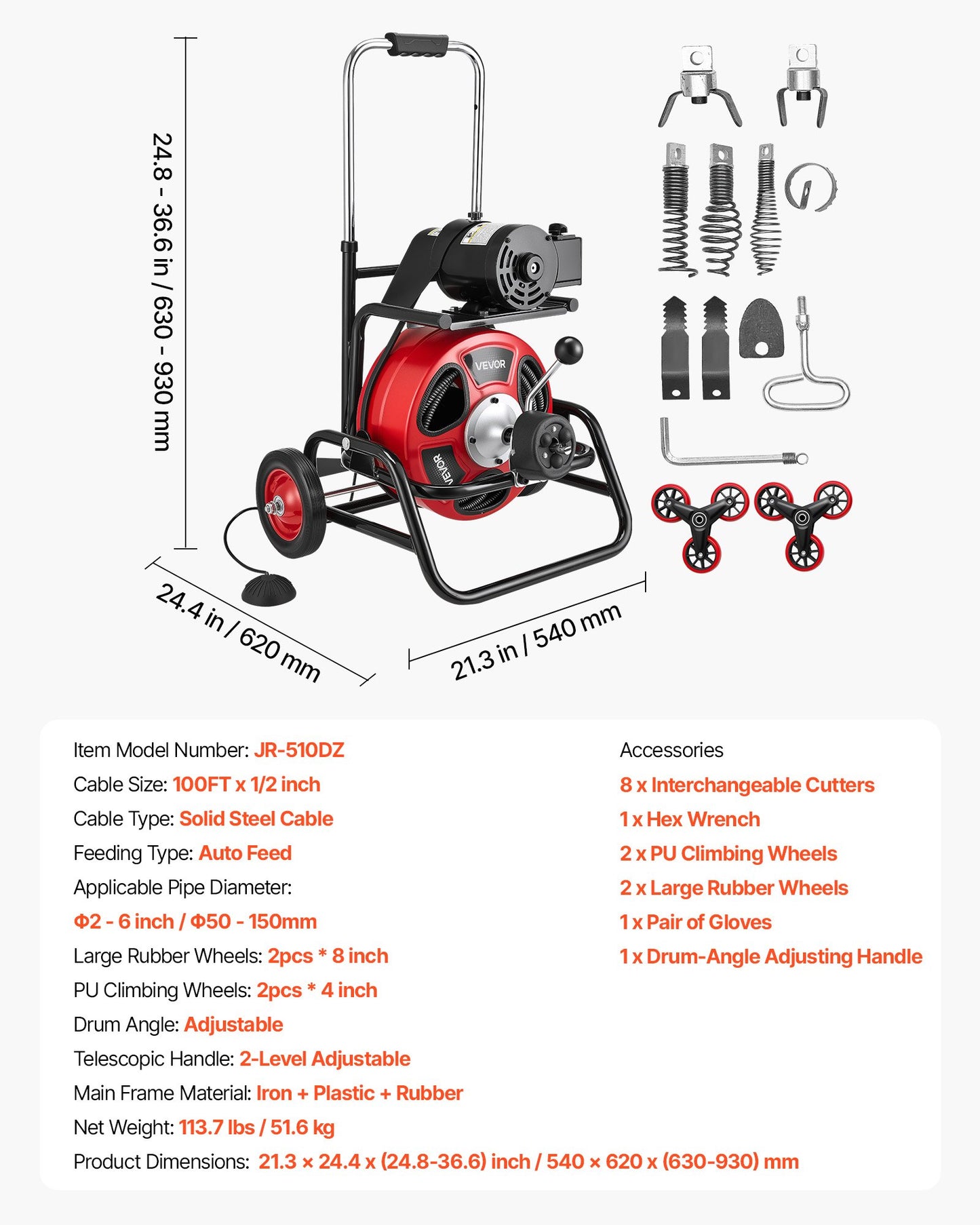 Drain Cleaner Machine 100FT Auto Feed Sewer Snake for 2-6 Inch Pipes - Portable with Climbing Wheels