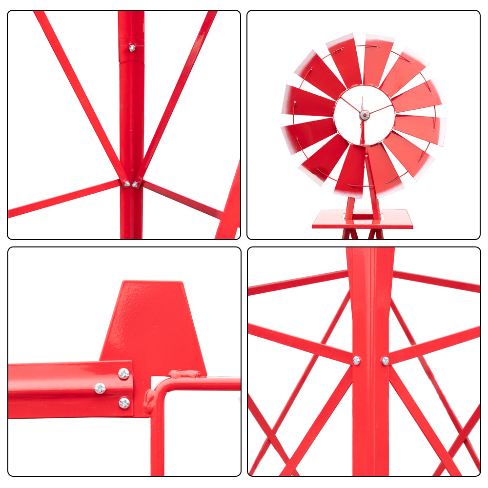 8FT Weather Resistant Garden Windmill with Steel Frame - Red Decorative Windmill for Lawn & Yard