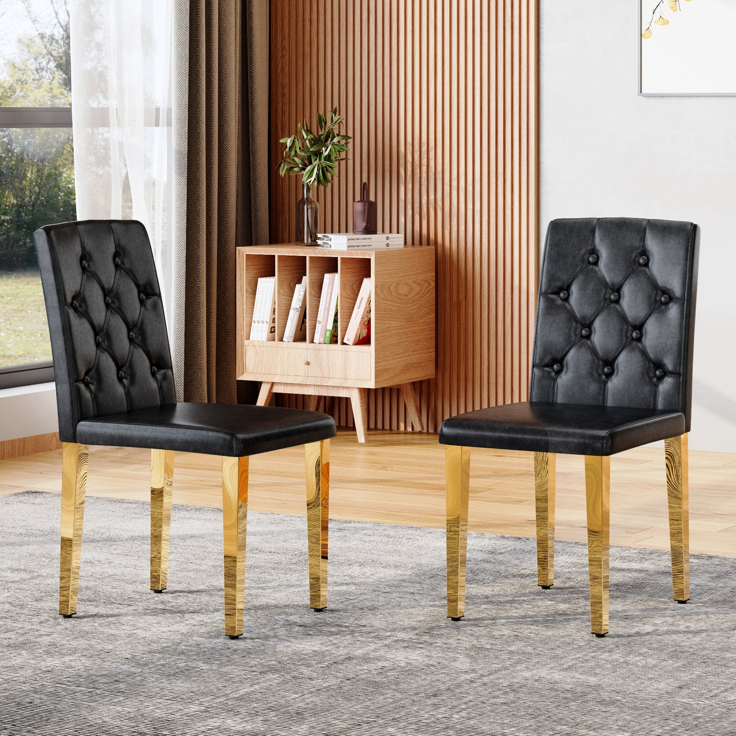 2-pack Black PU Dining Chairs,Ergonomic Buckle Backrest, 35 Inches