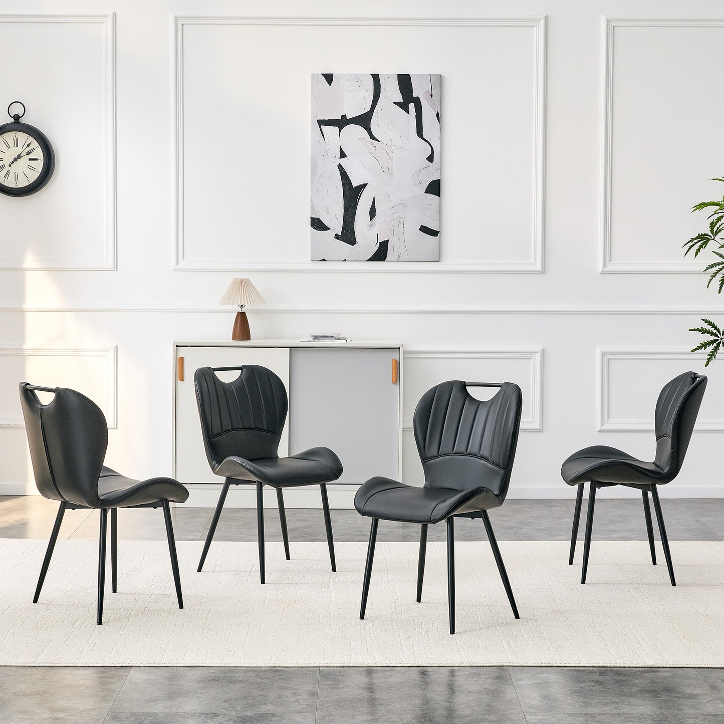 Set Of 4 Black PU Dining Chairs With Integrated Handle. Metal Frame,