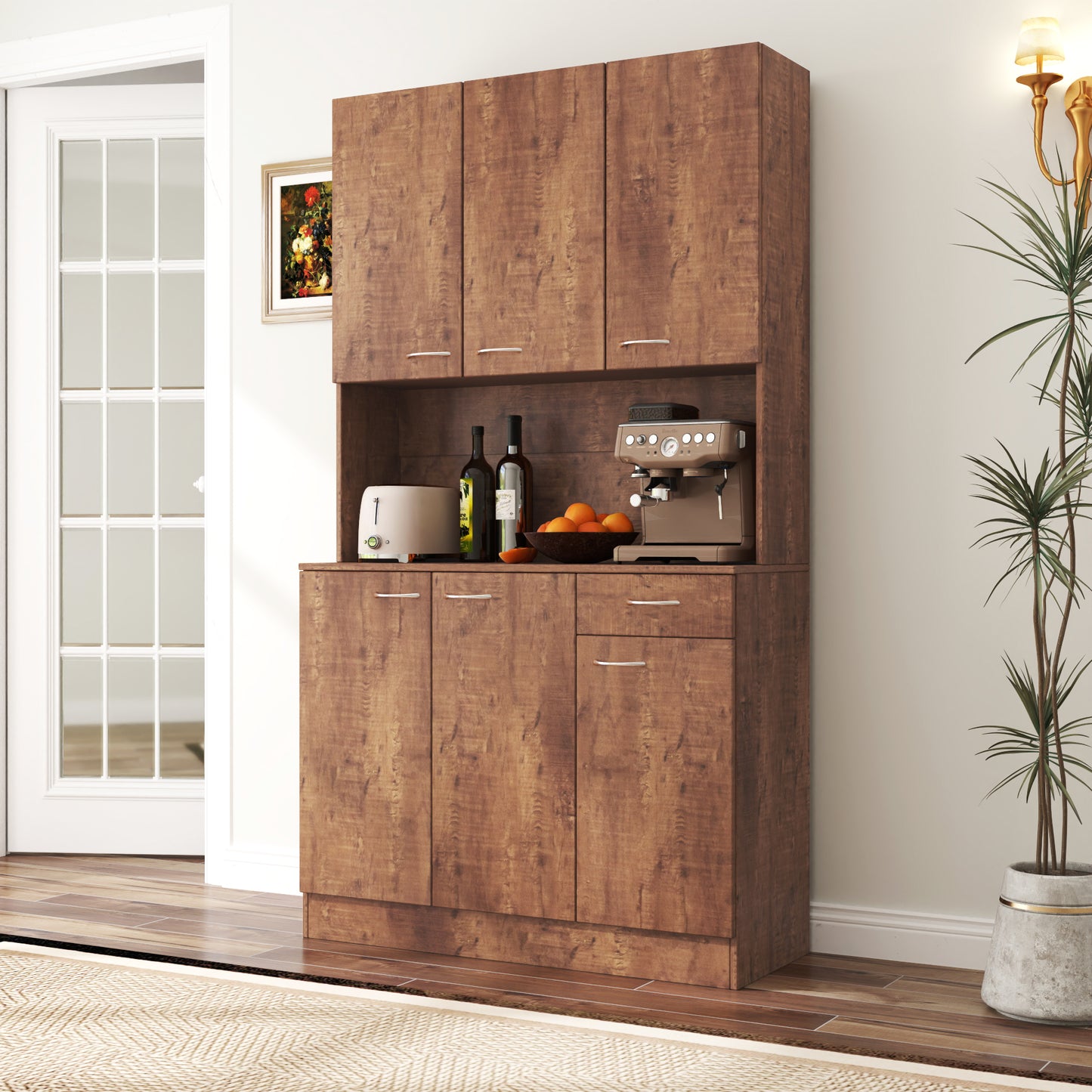 70.87" Tall Wardrobe & Kitchen Cabinet with 6 Doors, Open Shelf & Drawer - Walnut