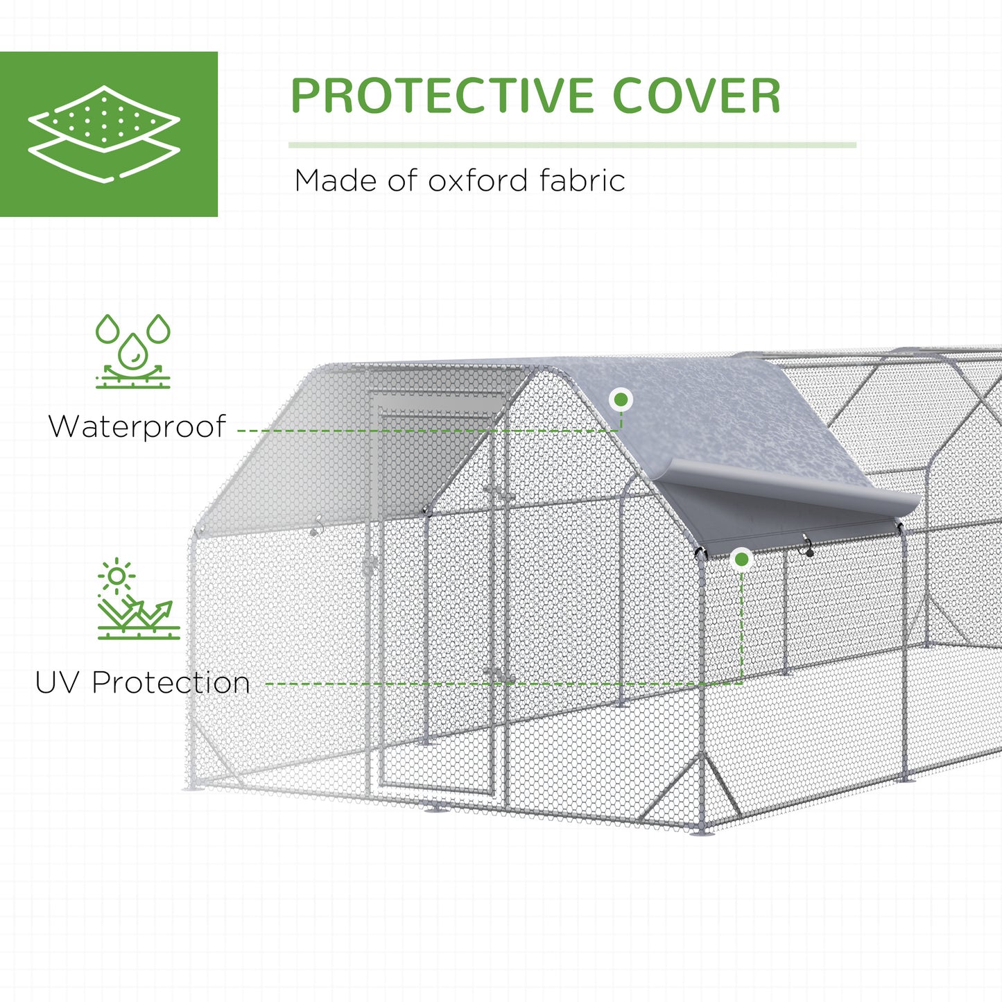Large Metal Chicken Coop with Waterproof Cover - Walk-In Yard Fence, 1950x330x160mm