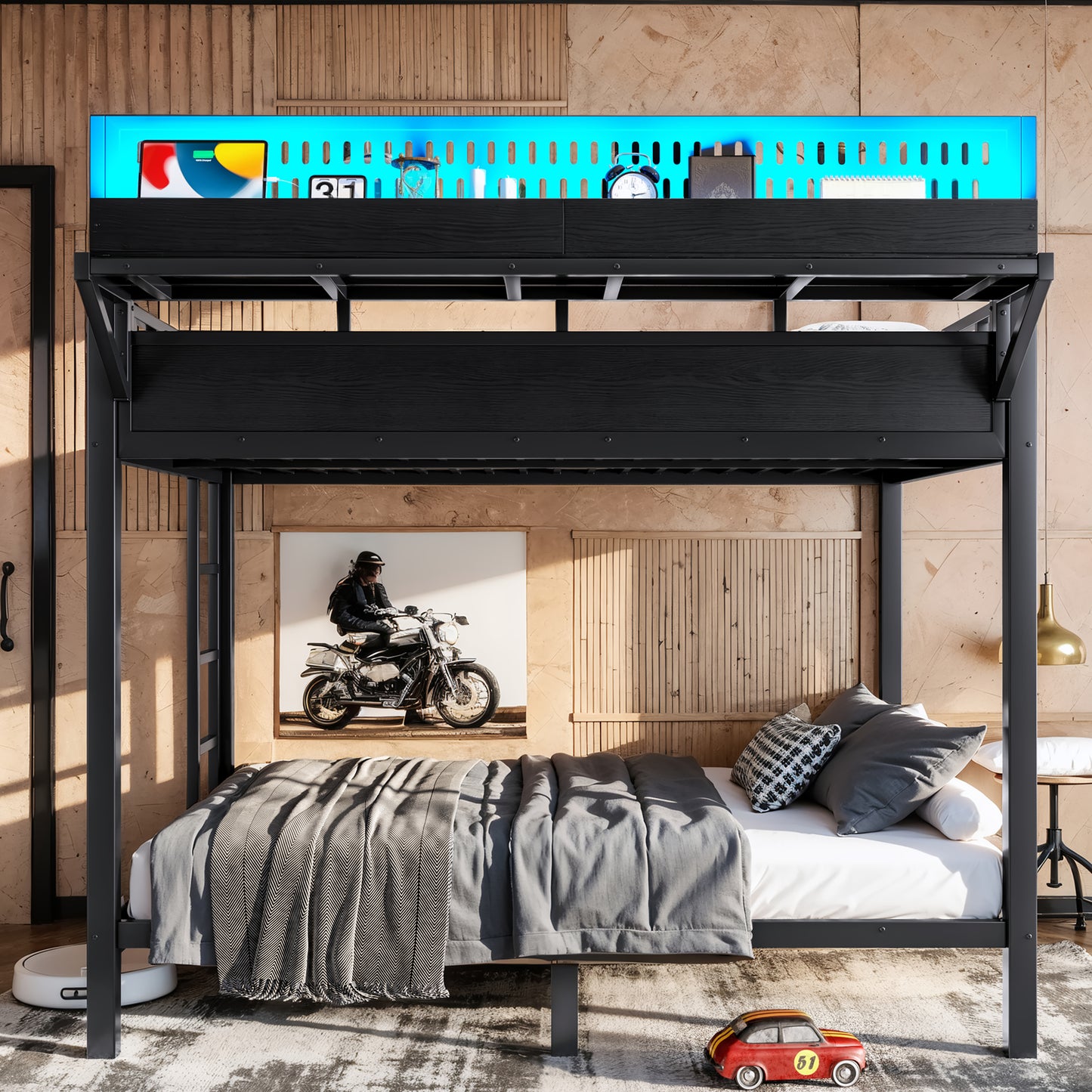 Full Over Full Metal Bunk Bed with Storage Shelves & USB Ports - Black